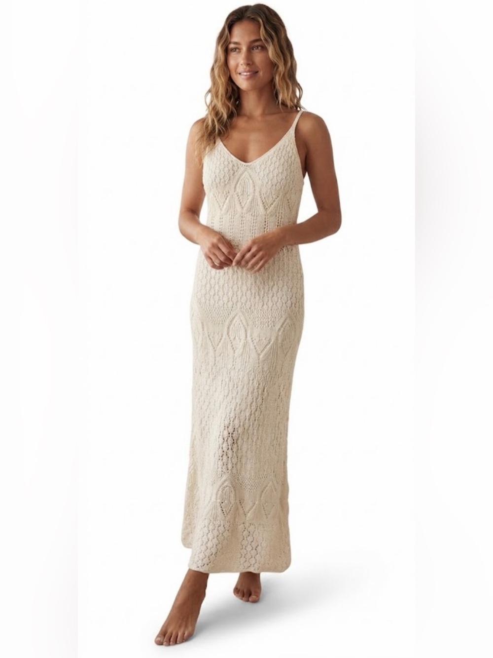 Cream Crochet Knit Maxi Dress Spaghetti Strap Sleeveless V Neck Freshman 1996